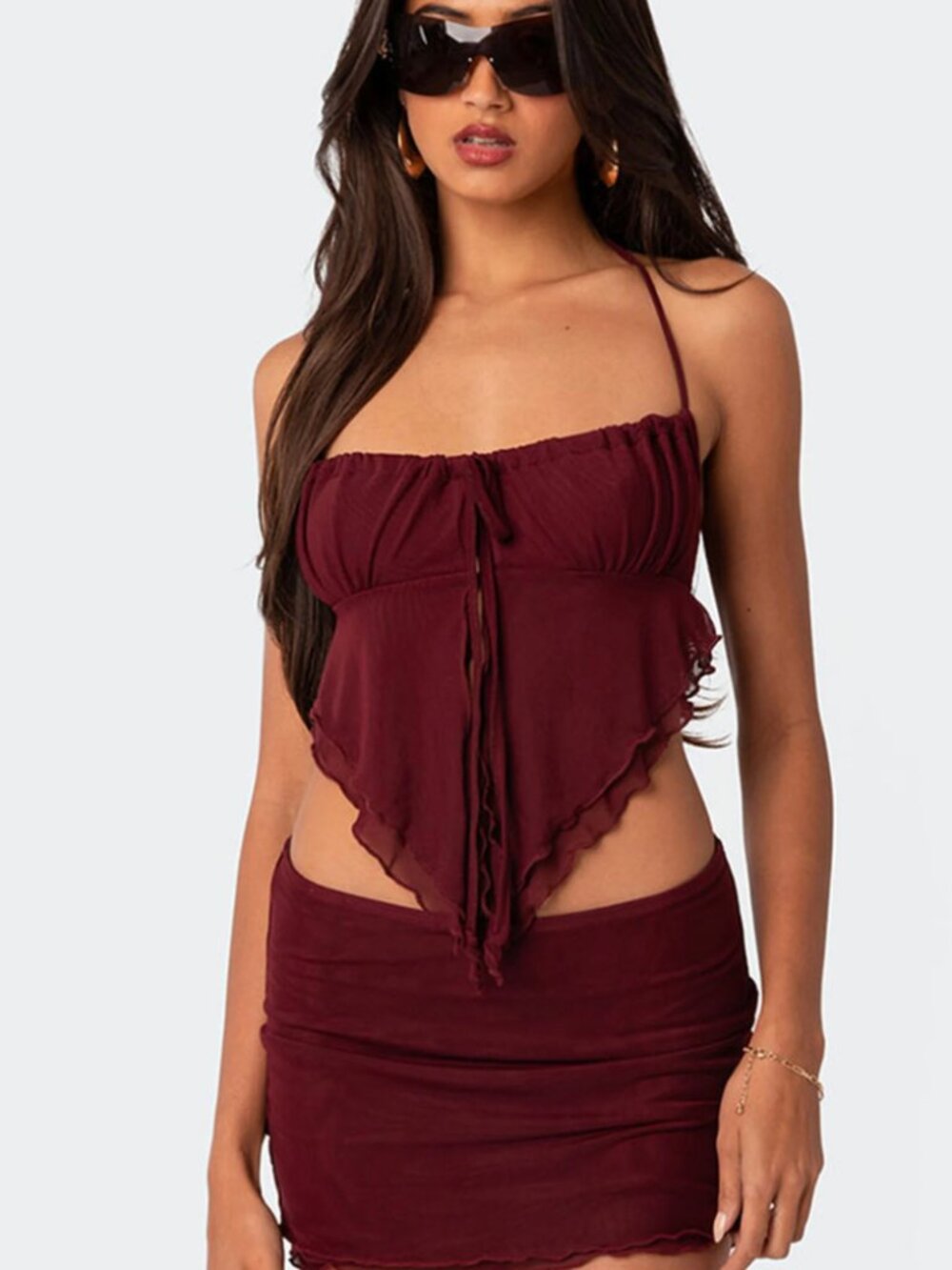 Edikted Ariyah Open Tie Back Ruffle Mesh Top